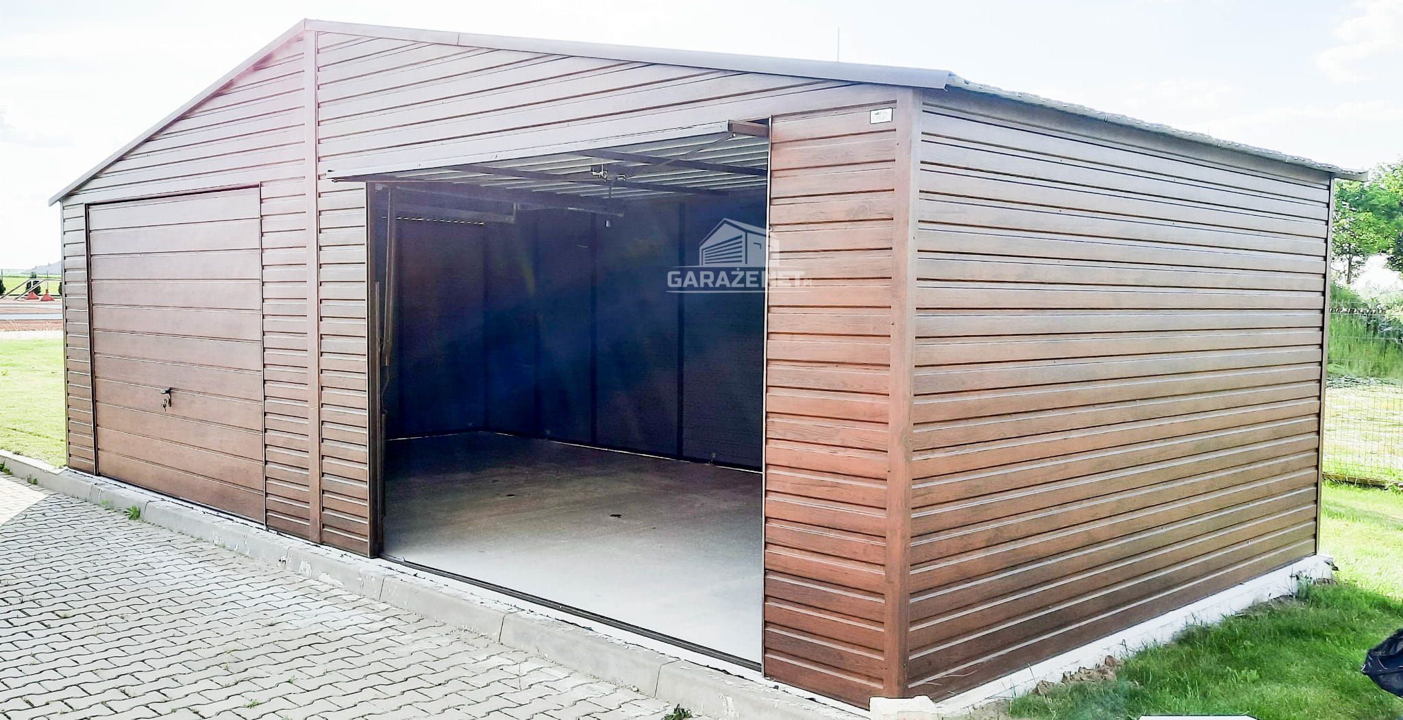 GARAŻ BLASZANY 8m x 6m 2x Brama Uchylna Orzech Drewnopodobny 8x6 GB275