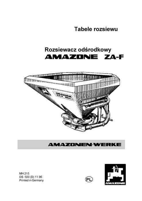 Amazone ZAF wysiew ZA-F Tabele rozsiew wysiewu
