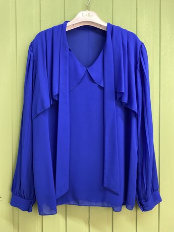 Елегантная блуза с длинным рукавом нарядная блузка синяя