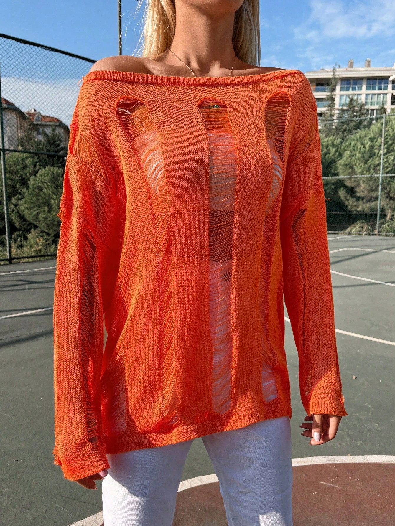 Sweterek Podarty Poszarpany Luźny Pomarańczowy Casual Shein S 36