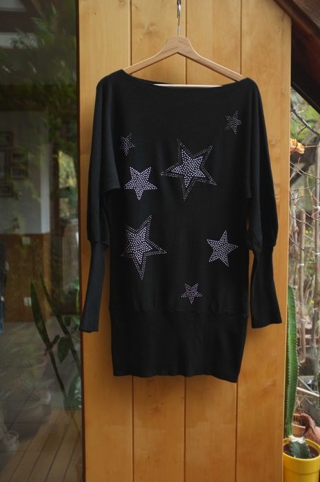 czarna wełniana sukienka sweter tunika wełna merino kaszmir motyl