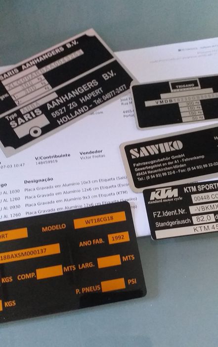 Placas de identificação em alumínio  do número do quadro