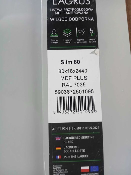 Listwa przypodłogowa MDF RAL 7035 - 25 zł sztuka