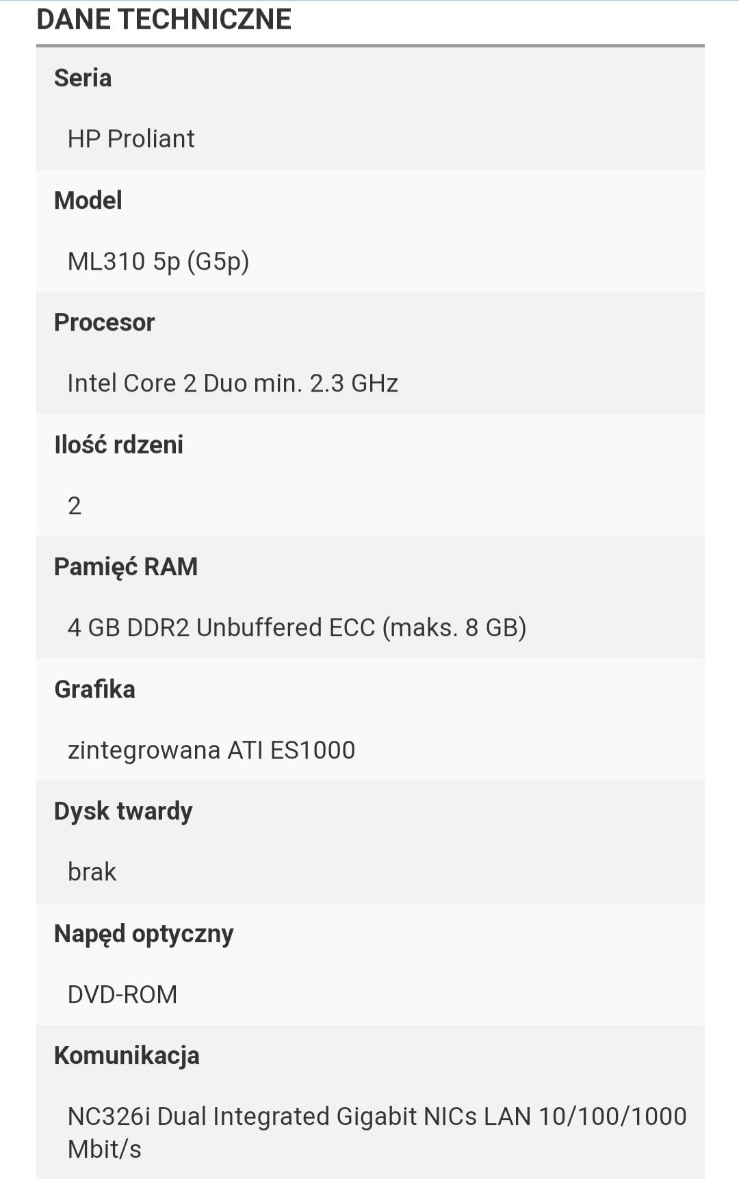 Serwer HP ML310 5p komputer dwa zasilacze dysk HDD