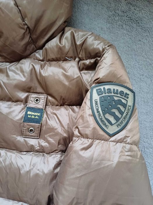 Blauer długi puchowy płaszcz kurtka z kapturem rozmiar M