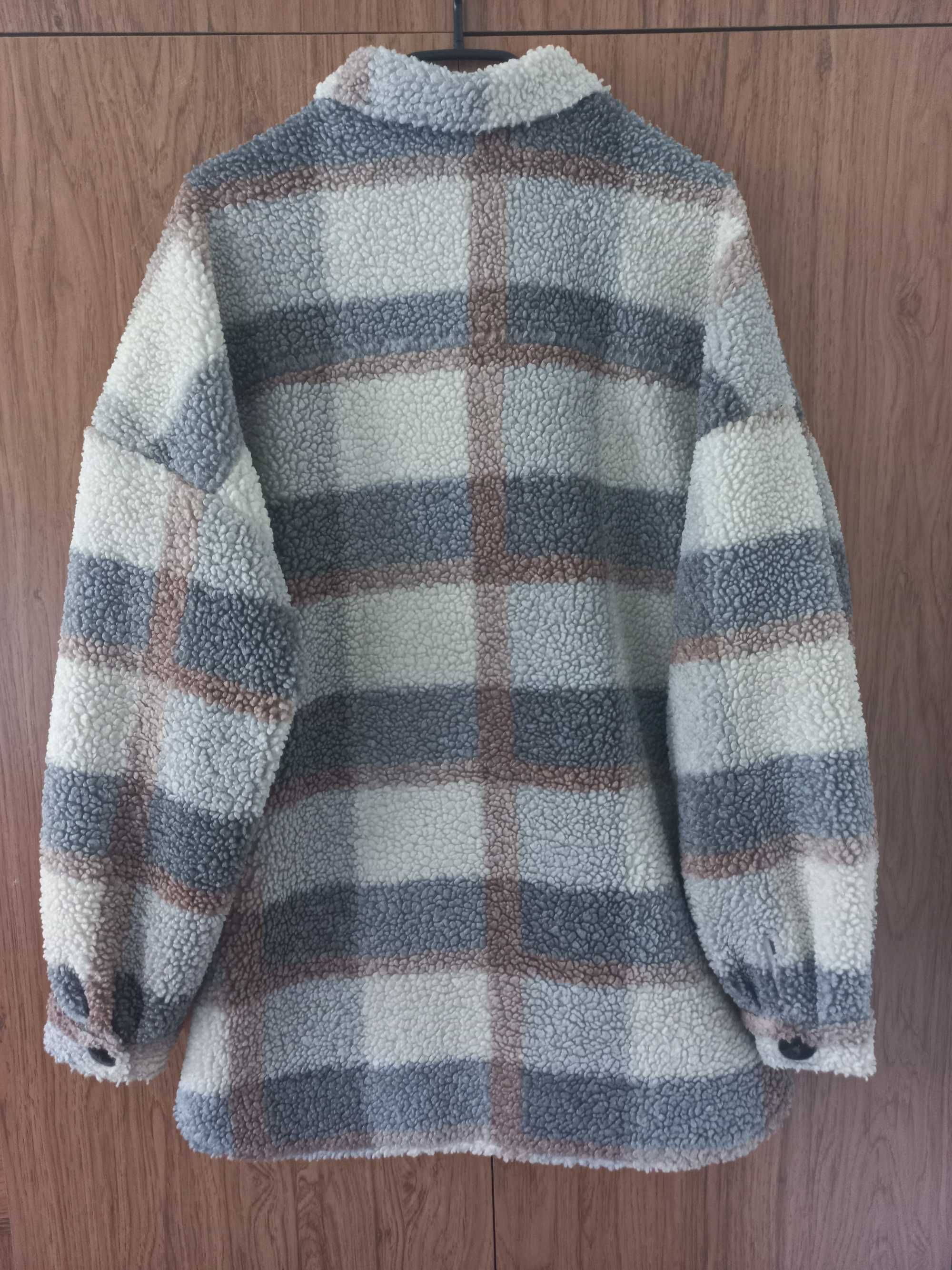 SINSAY shaket kurtka baranek miś szary beżowy kratka oversize 42 XL