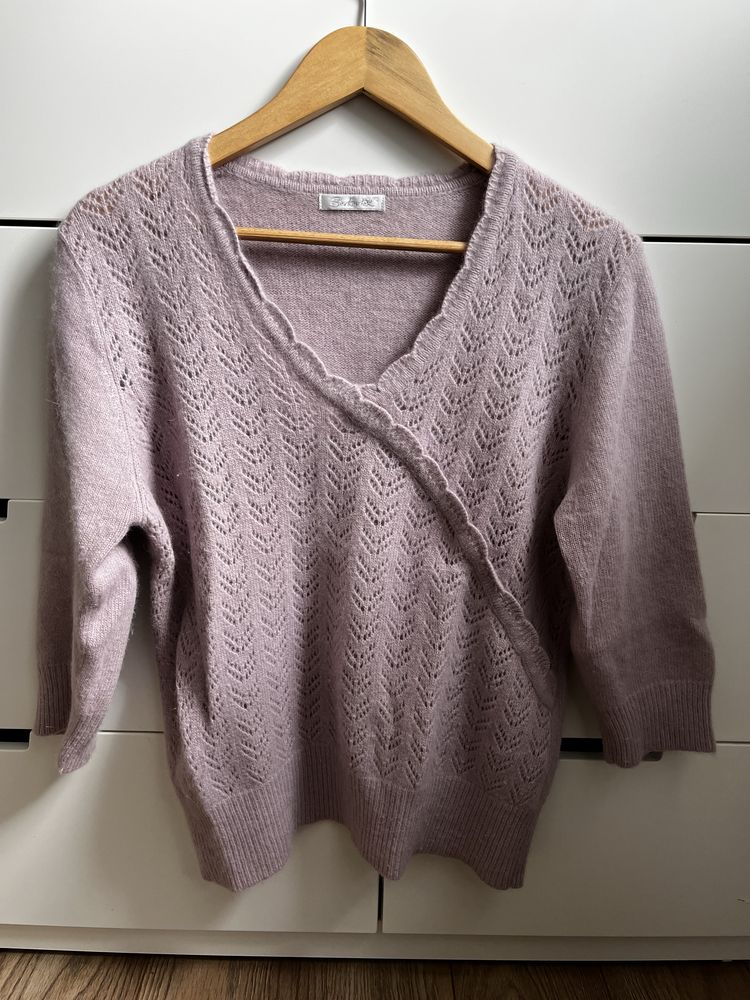 Welniany sweter Angora w stylu Sezane berkertex azurowy wrzosowy M