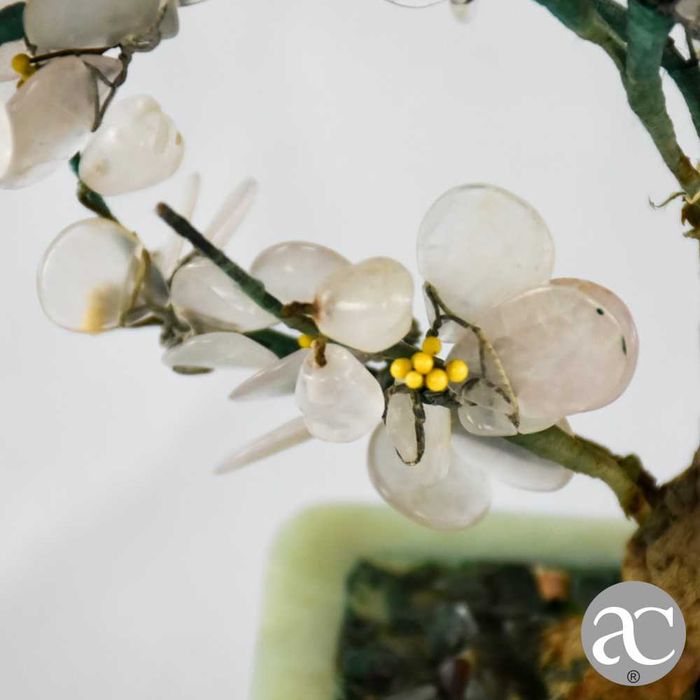 Vaso bonsai flores de amendoeira China, feito em pedra, quartzo e jade