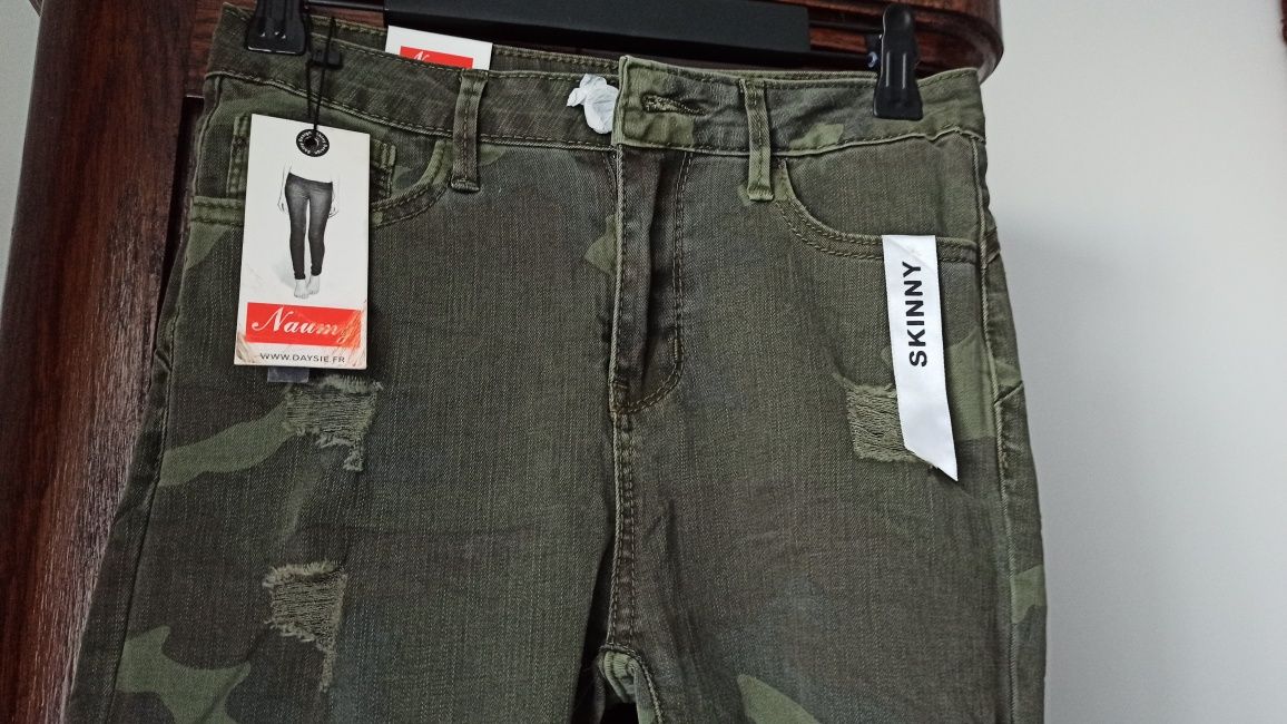 Spodnie jeansy dżinsy rurki skinny moro zielone khaki damskie XS 34