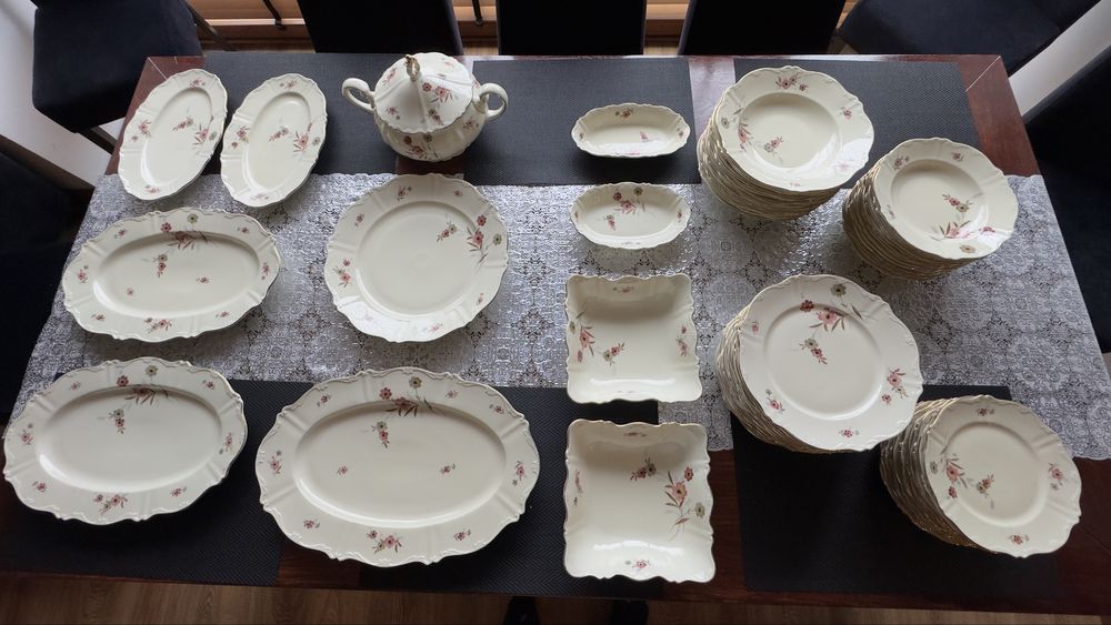 Unikat przedwojenny zestaw porcelany obiadowej 60el. 12os ANTYK, SORAU