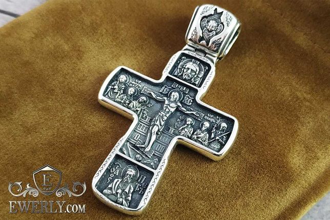 Серебряный православный крест на шею. Распятие Христово с предстоящими