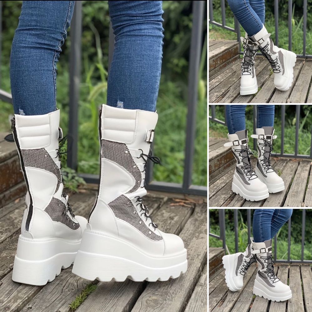 Білі високі черевики для дівчини 38 р, готичні черевики на платформі