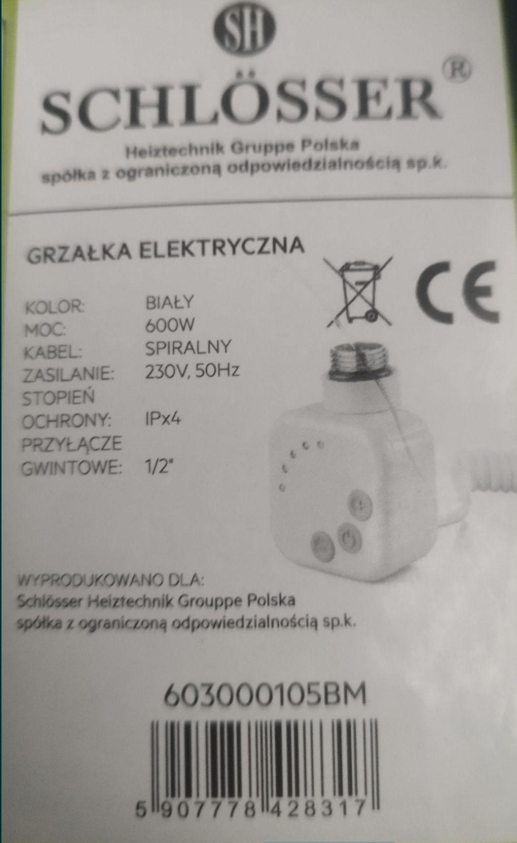 Grzałka elektryczna  do grzejnika HEC BIAŁY 600 W