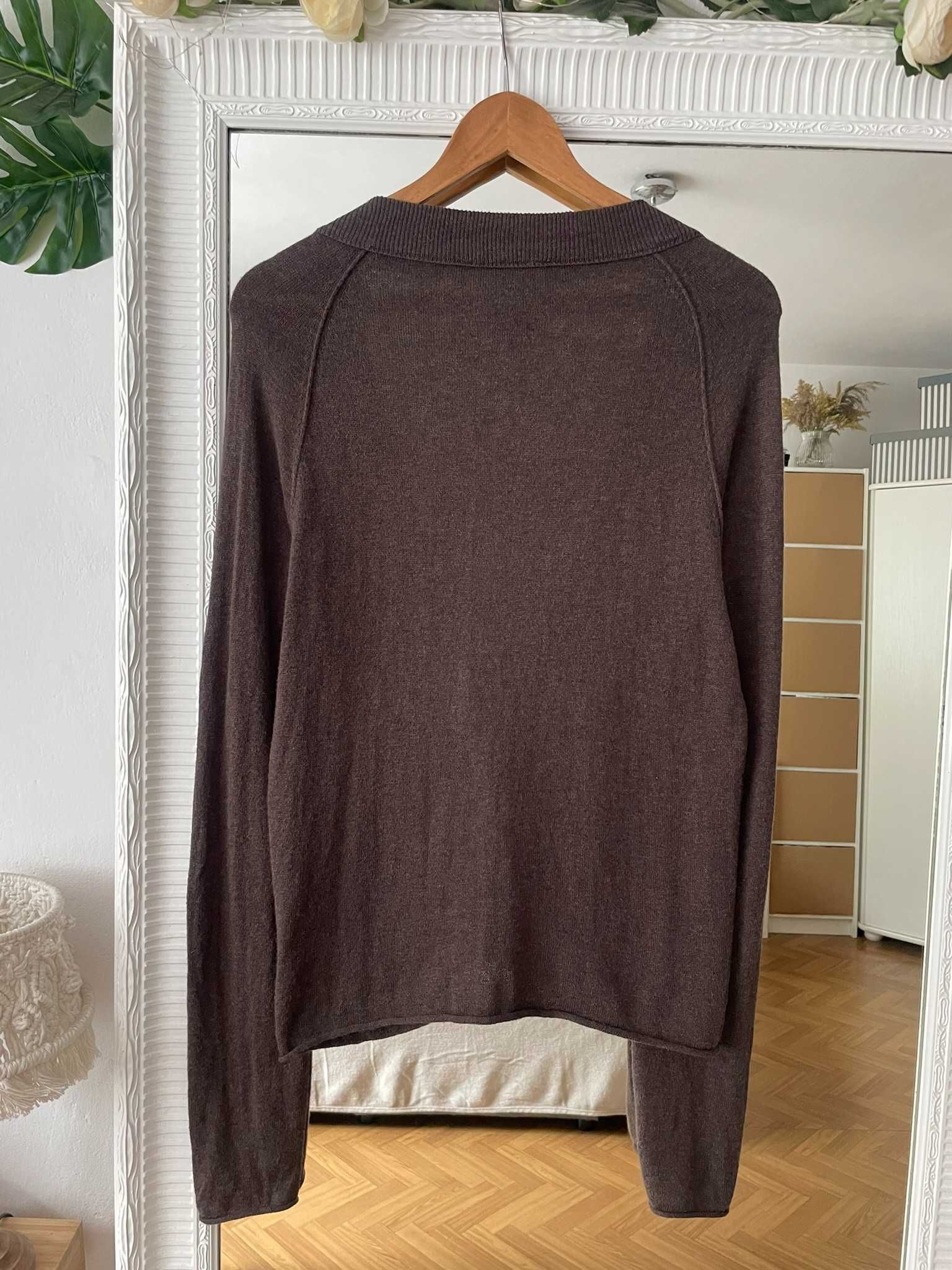 Sweter brązowy kardigan guziki kieszenie 30% wełna bawełna S 36 M 38