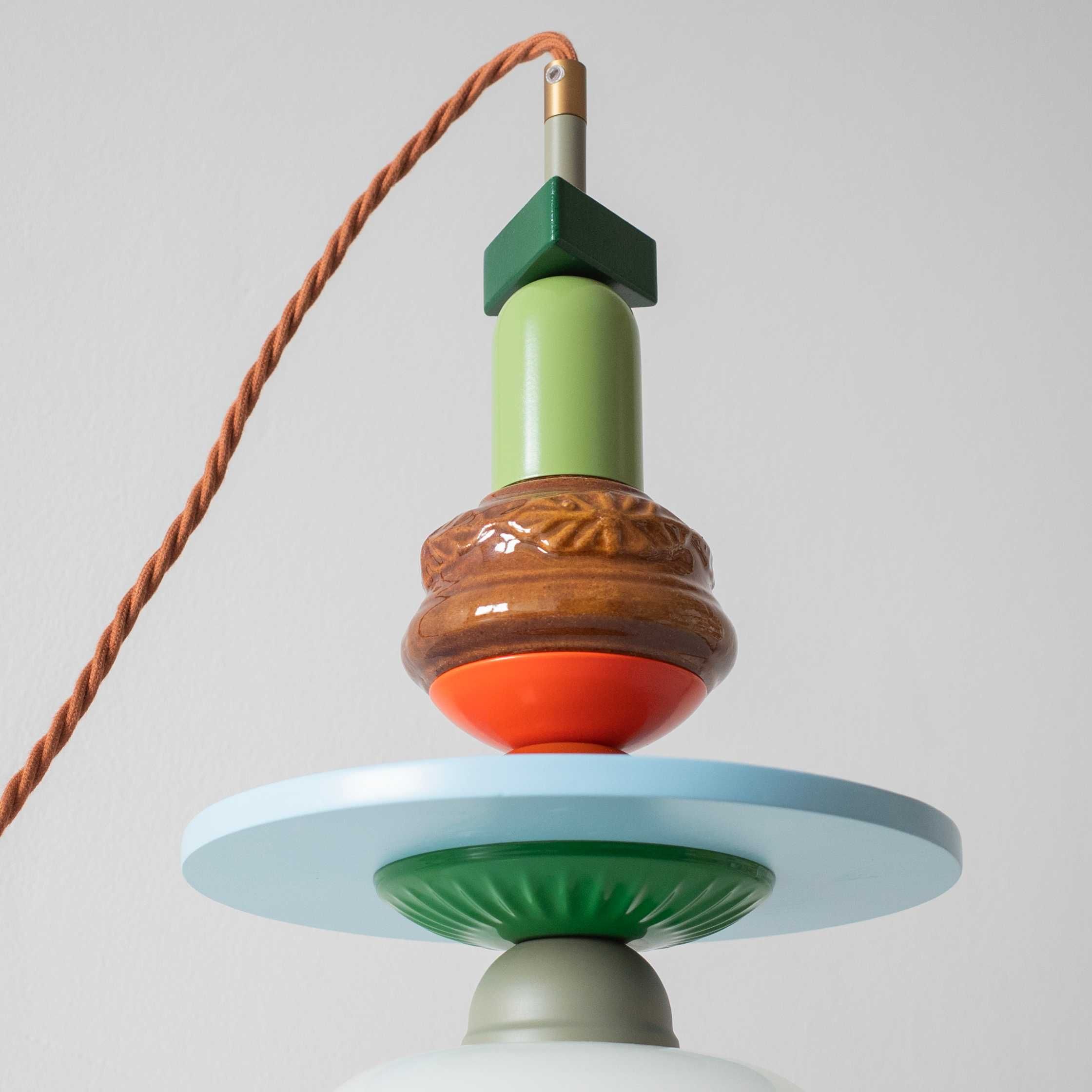 Lampa wisząca totem, vintage szklany klosz, handmade reuse