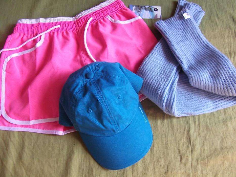 CALÇÕES rosa, BONÉ AZUL QUECHUA e perneiras de ballet - NOVOS!