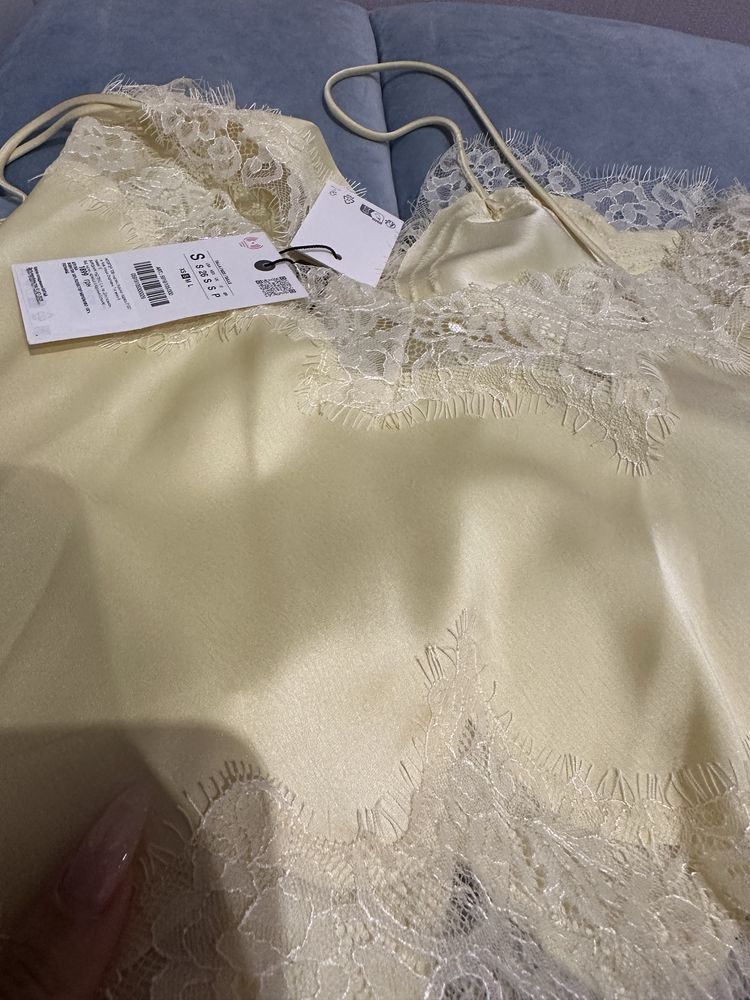 Новий топ zara лимонного кольору з мереживом у білизняному стилі