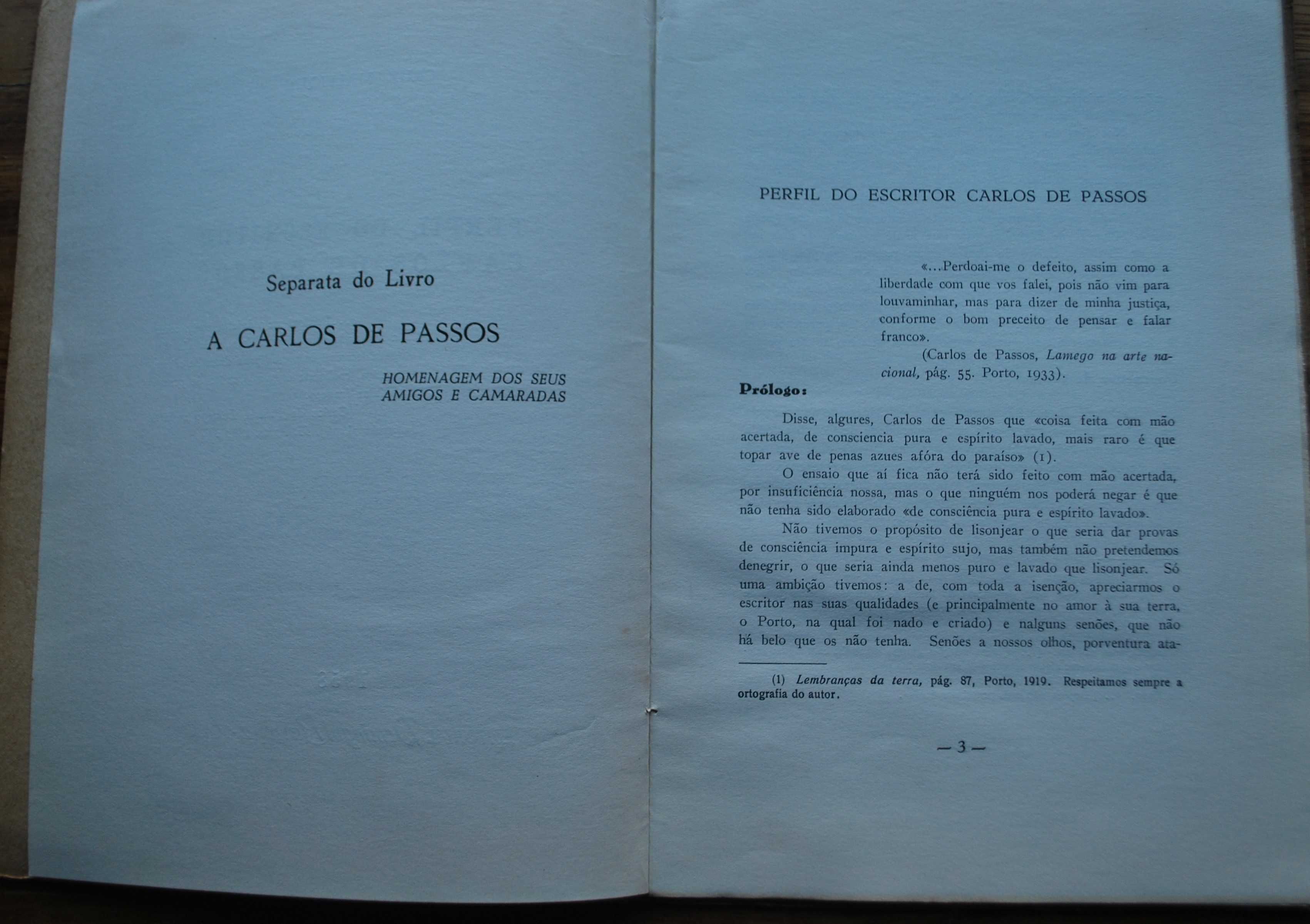 Perfil do Escritor Carlos de Passos - Ano Edição 1958 de Cruz Malpique