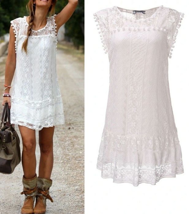 Biała koronkowa sukienka Boho koronka S/M 36/38 koronka narzutka