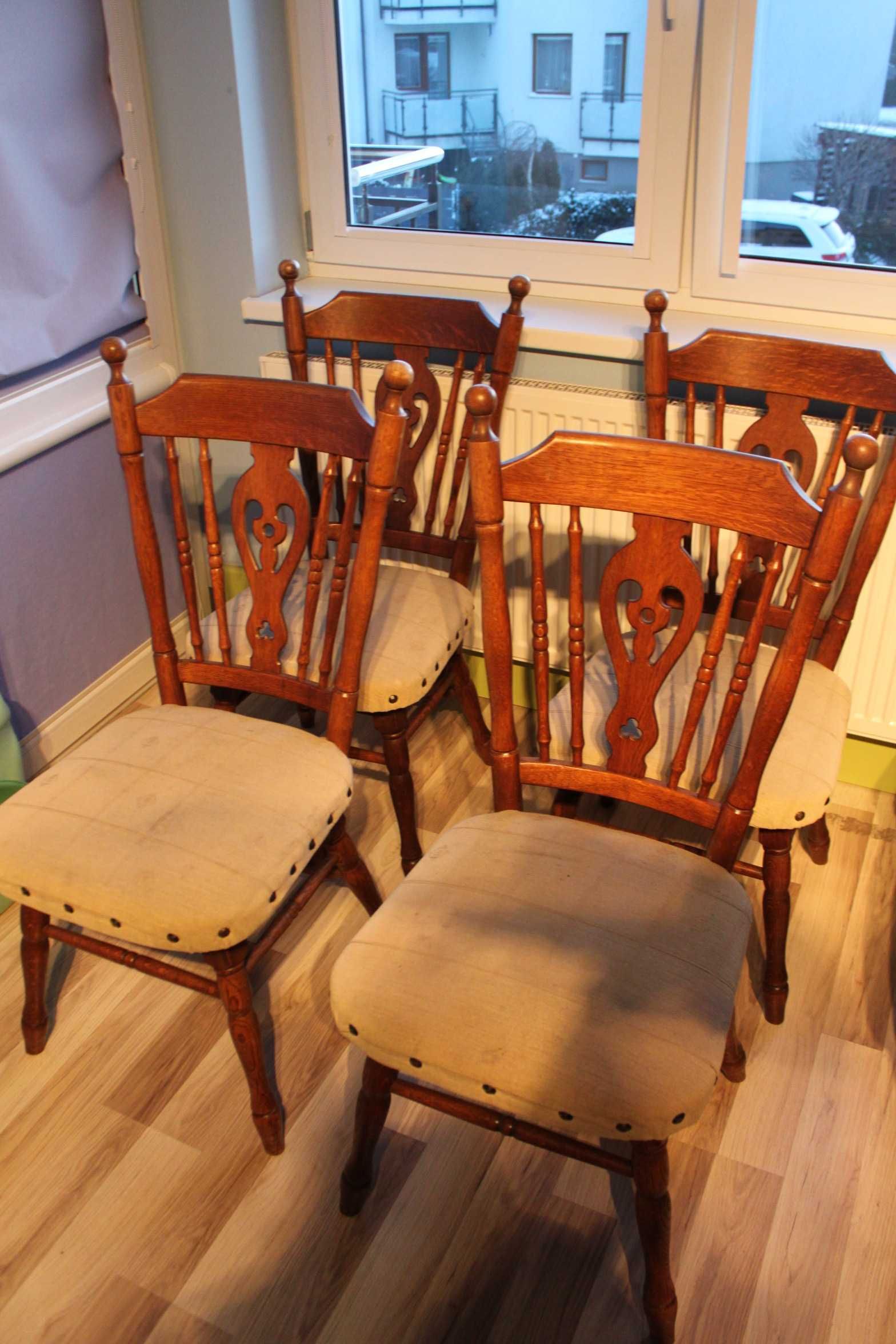 4 DĘBOWE krzesła z tapicerowanymi siedziskami, stan BDB!