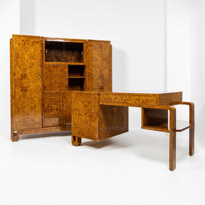 Gabinet Art Deco Biurko Biblioteka Designe Wiąz Antyki - Po Renowacji