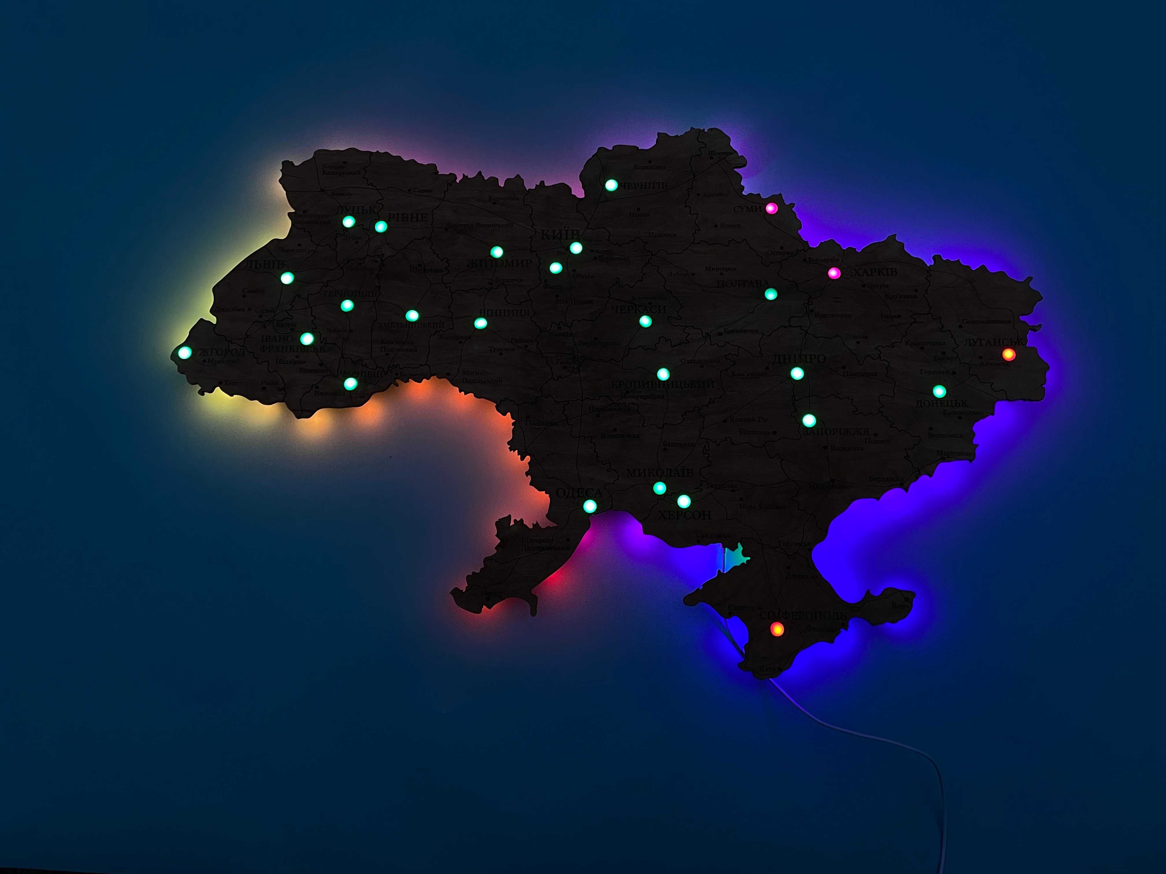 Карта тривог України | Дерев’яна карта з підсвіткою 50см х 33см