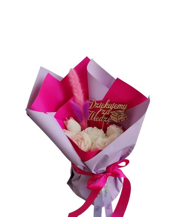Bukiet box świec białych Różowy fiolet Flower box świec sojowych