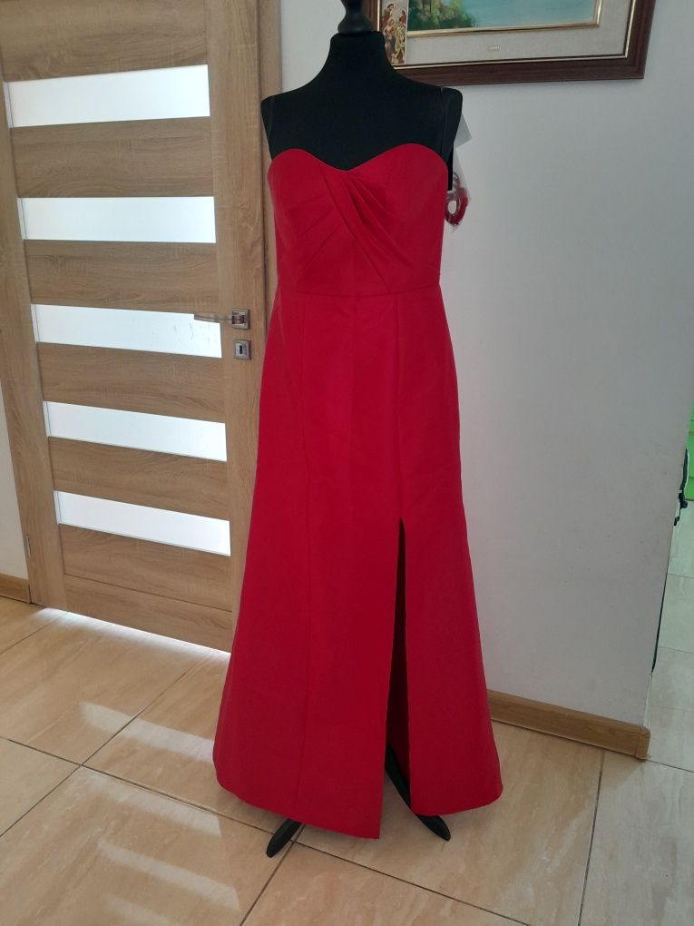 Długa maxi czerwona elegancka sukienka rozciecie okazjonalna M 38
