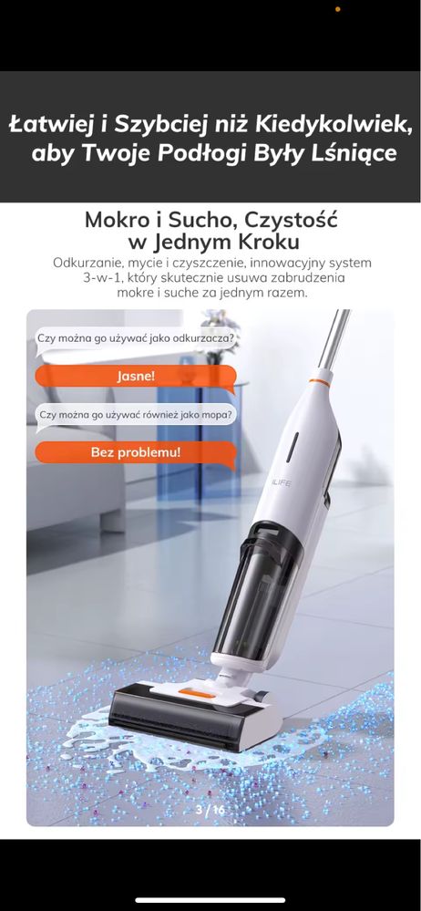 Odkurzacz pionowy bezprzewodowy iLife w90 mycie na mokro i sucho5500PA