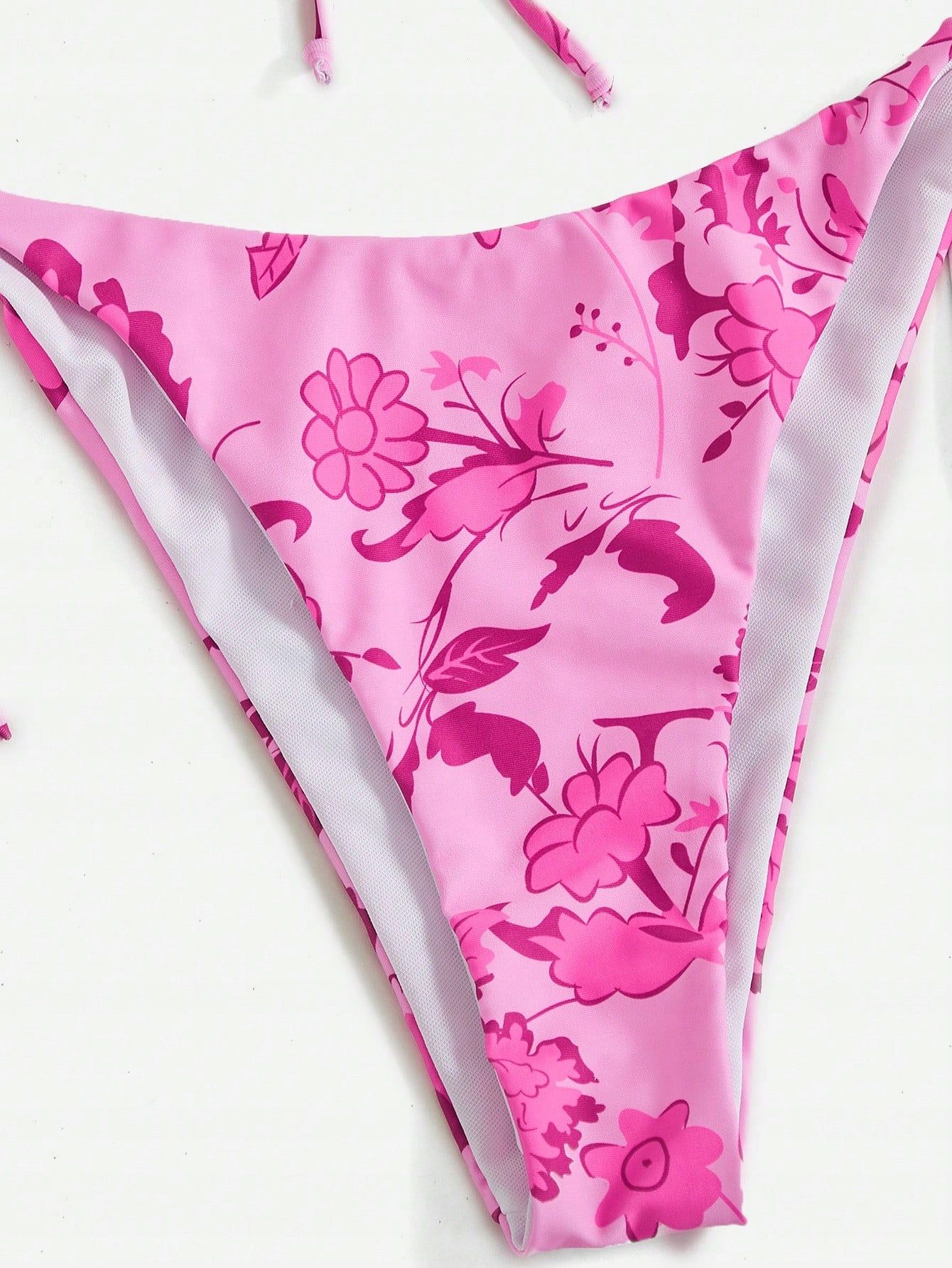 Strój Kąpielowy Bikini W Kwiaty Bandeau Tanga Różowy Shein S 36