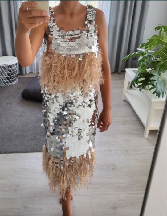 Asos luxe cekinowy top  bluzka pióra frędzle  42 xl