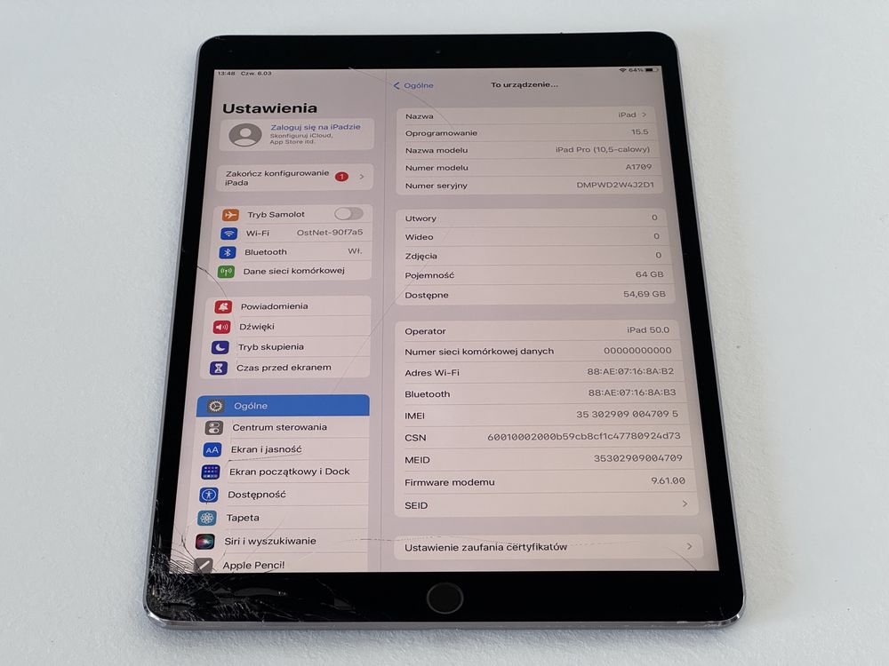 iPad Pro 10.5 (A1709) - Cellular (LTE) - zbity - faktura VAT 23%