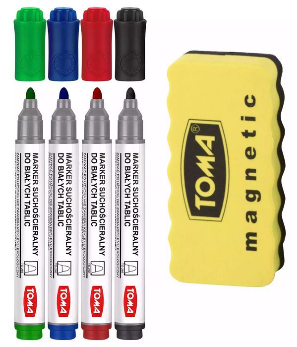 Markery do tablic (4 kolory) + gąbka. Toma