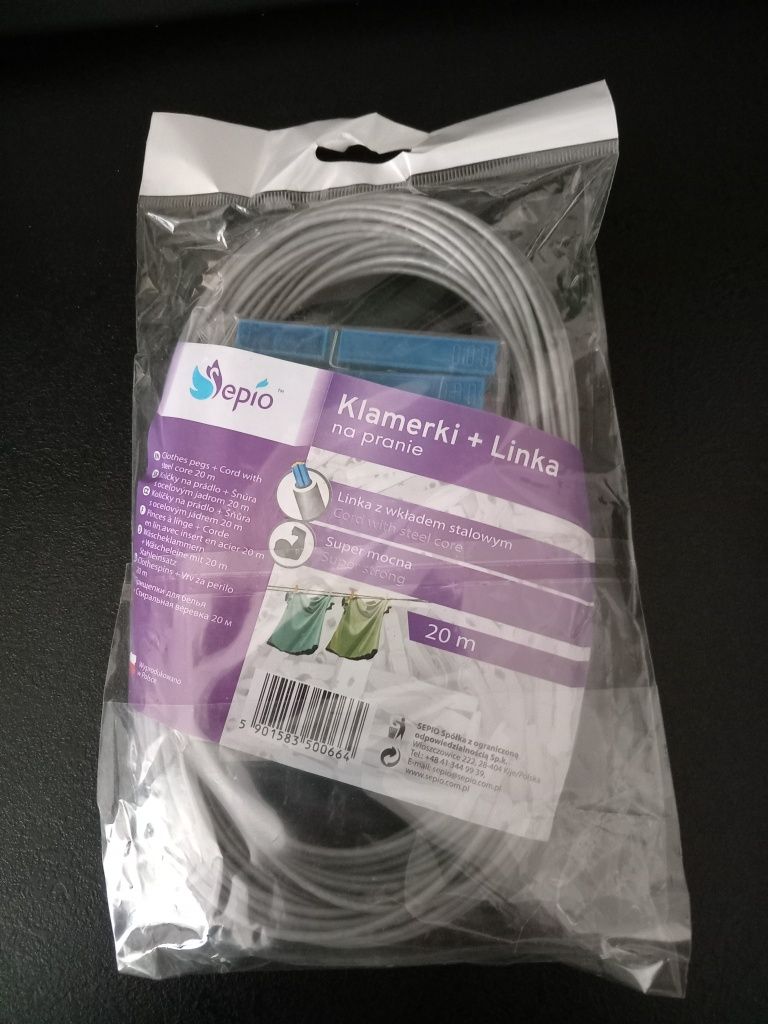 Linka 20 metrów na pranie plus klamerki w komplecie. Nowe. Mocna linka