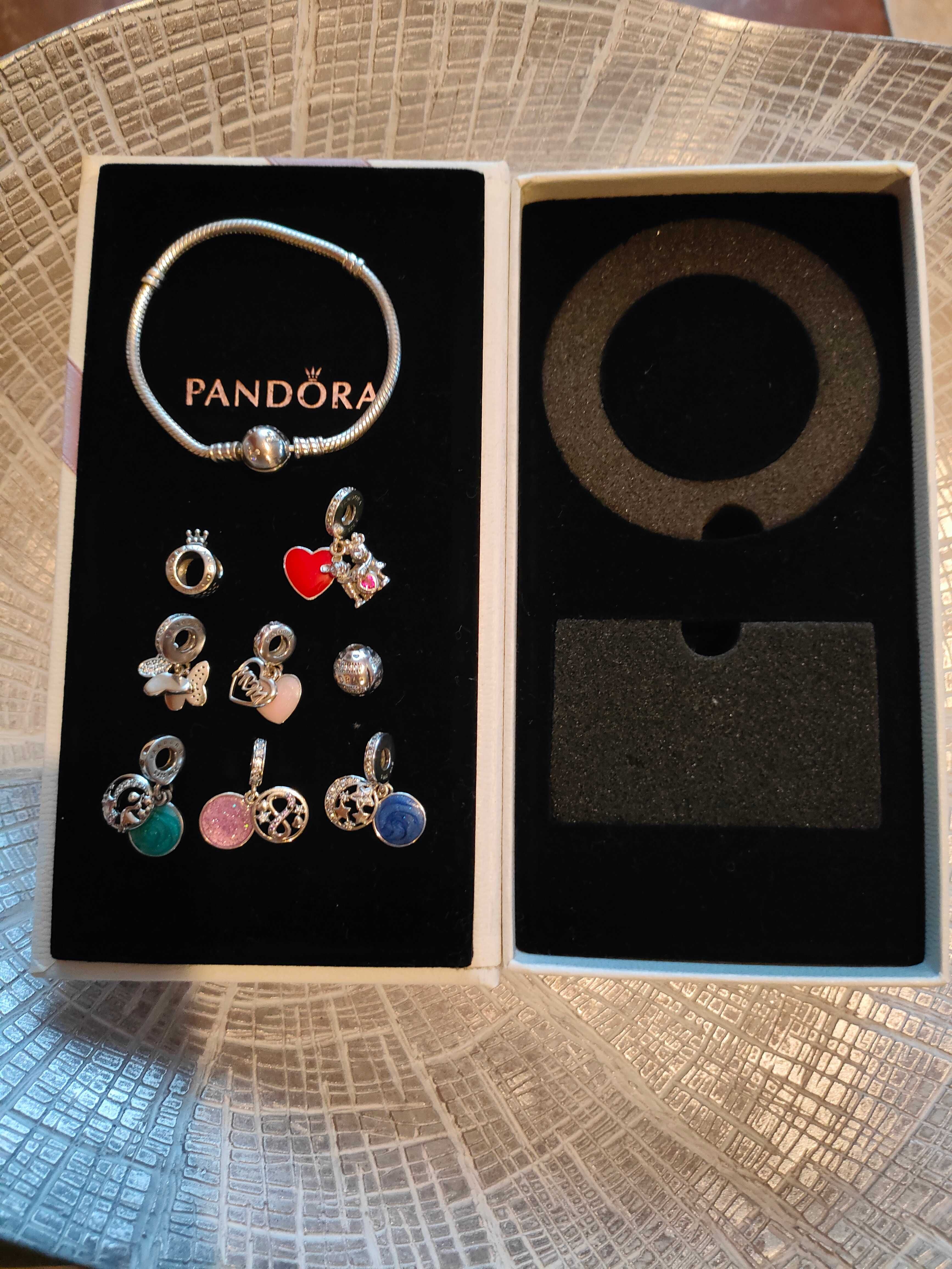 Pandora bransoletka , 7 charmsy, 1 klips nowe srebro 925 ale Nowe