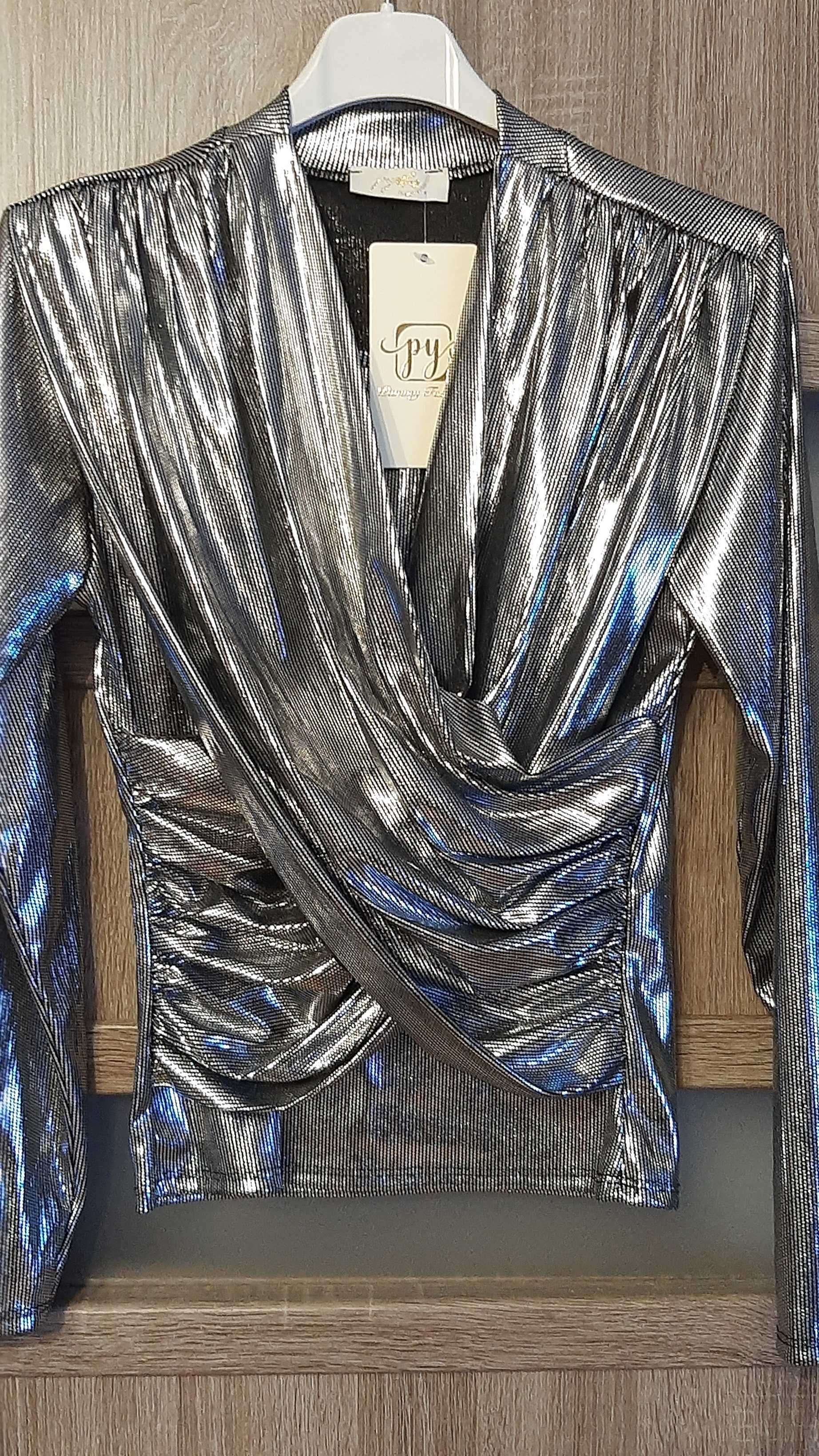 Śliczna Bluzka srebrna, zakładany dekold,roz.uni