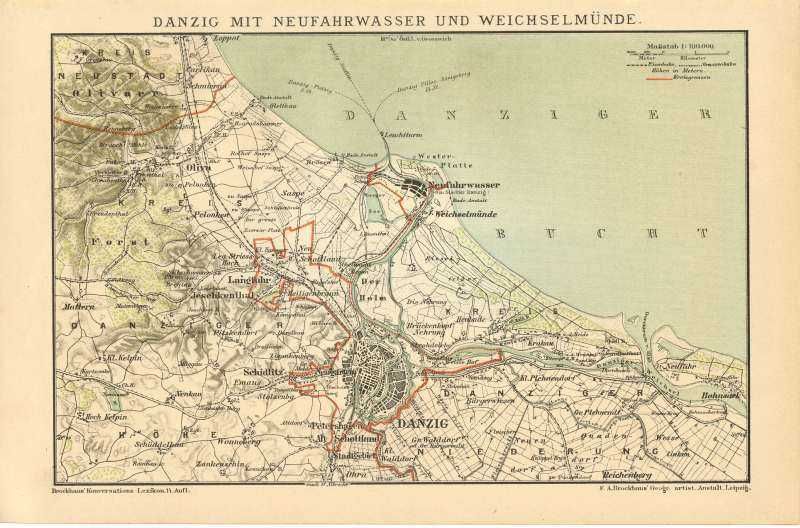 Gdańsk - Trójmiasto  oryginalna, stara XIX w. mapa do aranżacji