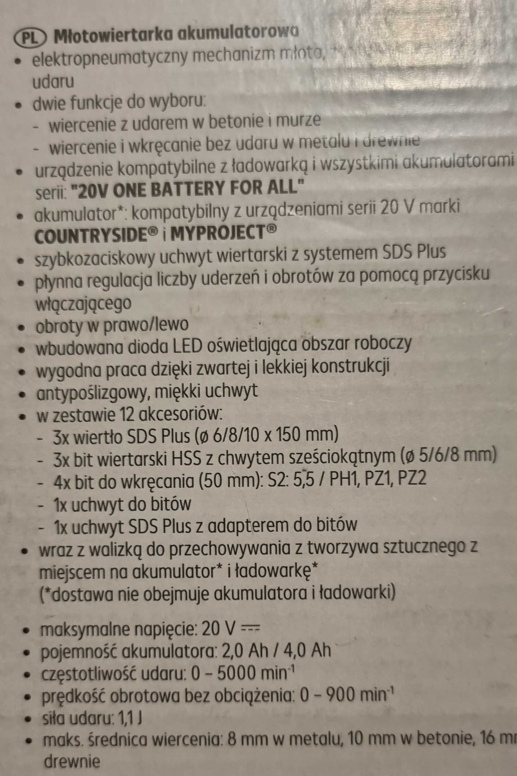 Akumulatorowa wiertarka udarowa SDS+ 20v 4Ah cały komplet nowy