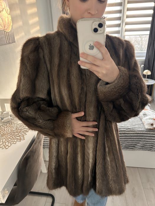 Futro naturalne kurtka płaszcz na zimę brązowo beżowy vintage retro