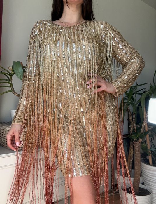 Karen millen cekinowa sukienka mini frędzle 38 m