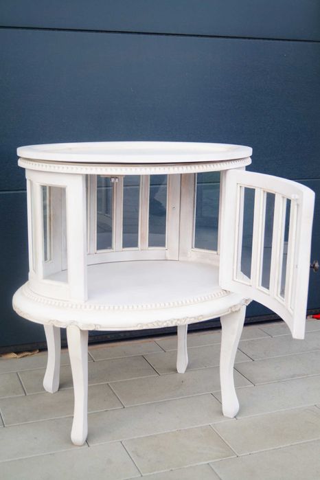 Drewniany Francuski Barek na Alkohol z Taca Konsolka  biały prowansja