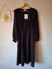 Czarna midi sukienka S z falbankami gumka w pasie elegancka klasyczna