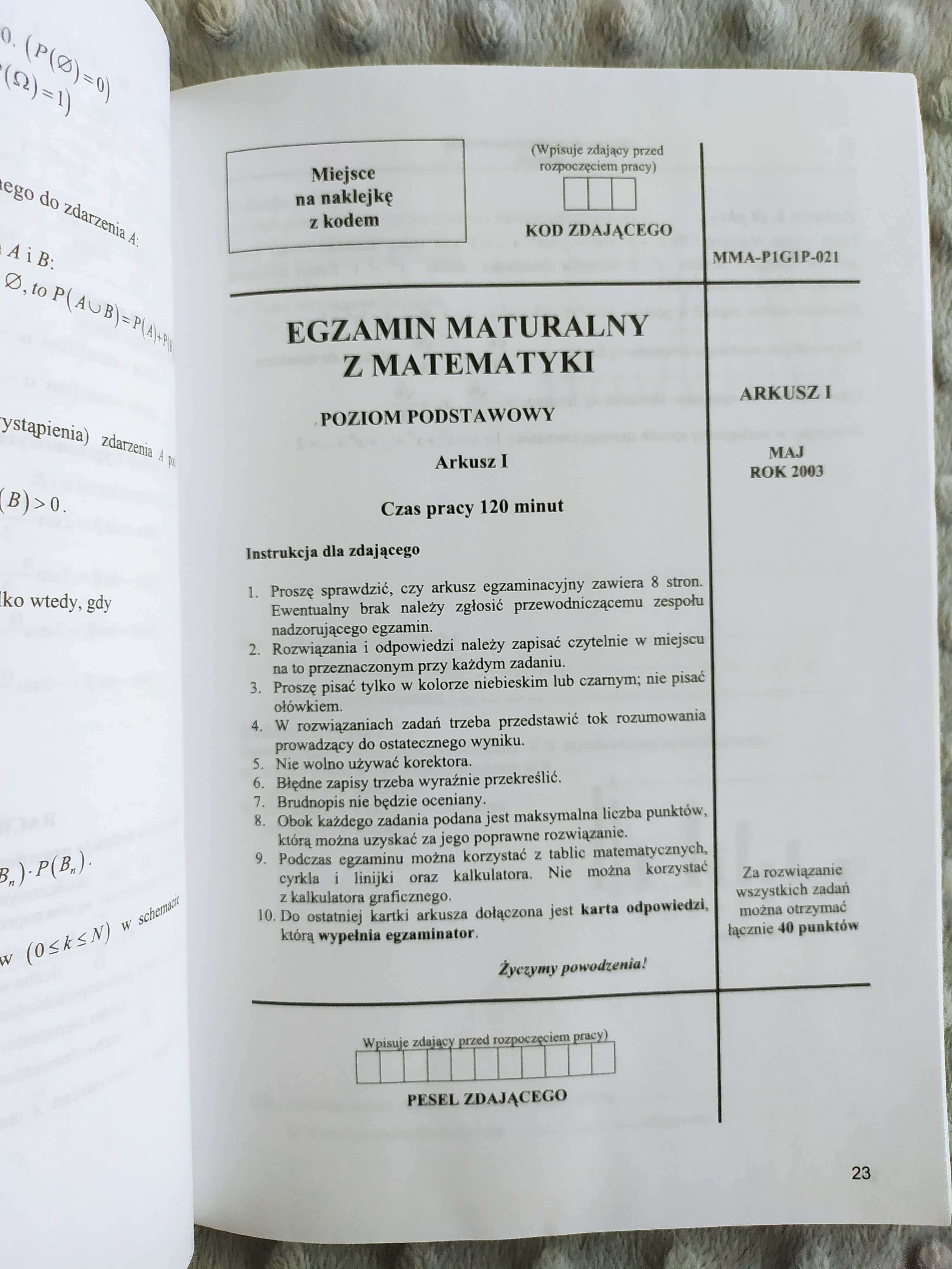 Matemtyka Matura 2005 książka oryginalne arkusze egzaminacyjne
