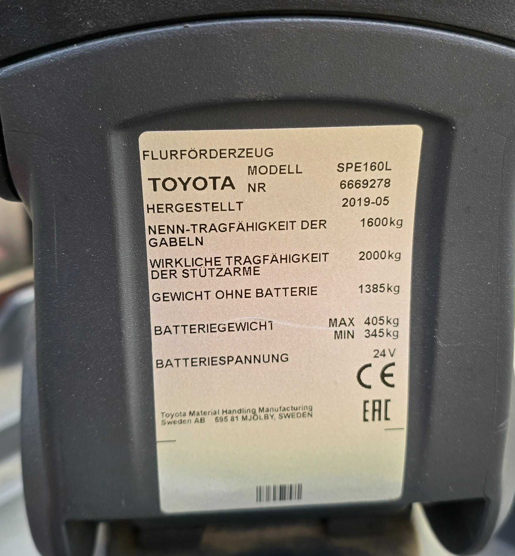 6 metrów Wózek elektryczny paletowy Toyota BT SPE 160L, triplex, 2019r