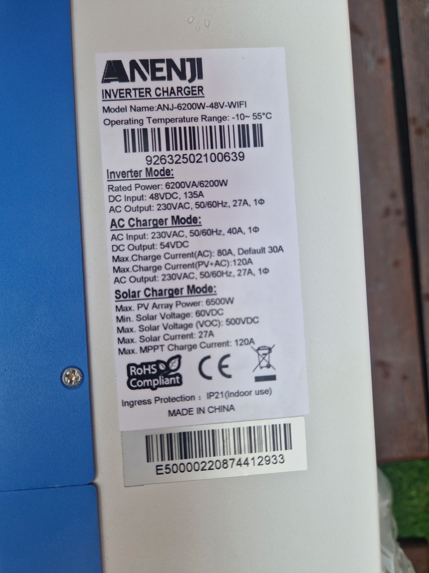 Falownik Inwerter hybrydowy ANENJI 6,2kW 48V WiFi