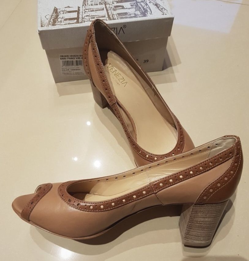 czółenka nowe venezia peep toe brązowe klasyczne retro