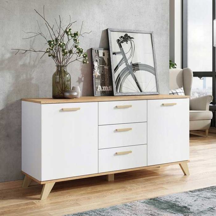NOWA Biała Komoda RTV Pojemna Dębowa Szafka z Szufladami Do Salonu