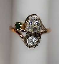 Золотое кольцо 583 пр с бриллиантами и изумрудом