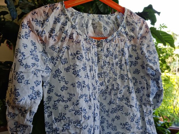 Biała tunika koszula w niebieskie kwiatuszki H&M 6-7 lat 122 cm hafty