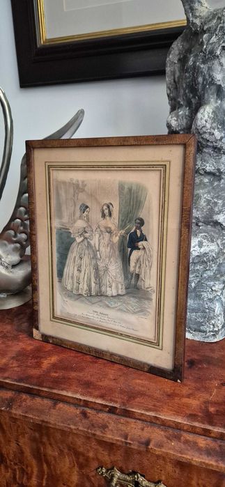 Antyk stara litografia druk modowy Paryż 1844 Francja glamour
